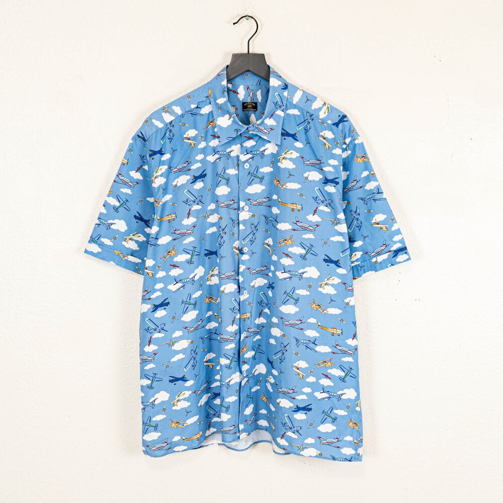 Solemare Maus & Hoffman Airplane Print Button up shirt Short Sleeve size XL